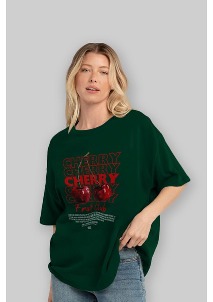 Cherry Ön Baskılı Yeşil Oversize T-Shirt Erkek Kadın Pamuk Bisiklet Yaka Tişort fırsatları