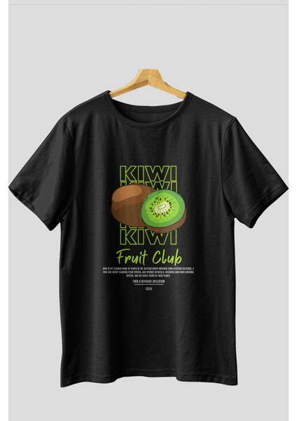 Kiwi Ön Baskılı Siyah Oversize T-Shirt Erkek Kadın Pamuk Bisiklet Yaka Tişort
