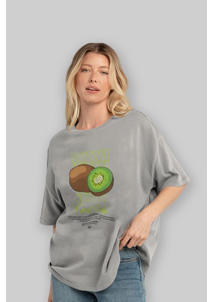 Kiwi Ön Baskılı Gri Oversize T-Shirt Erkek Kadın Pamuk Bisiklet Yaka Tişort fırsatları