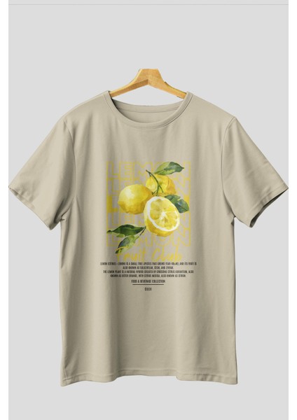 Lemon Ön Baskılı Bej Oversize T-Shirt Erkek Kadın Pamuk Bisiklet Yaka Tişort