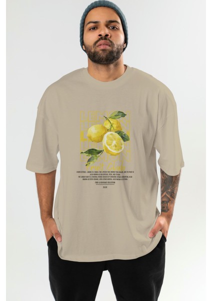 Lemon Ön Baskılı Bej Oversize T-Shirt Erkek Kadın Pamuk Bisiklet Yaka Tişort fiyatları