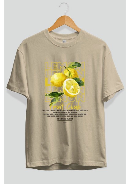 Lemon Ön Baskılı Bej Oversize T-Shirt Erkek Kadın Pamuk Bisiklet Yaka Tişort modelleri