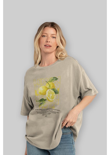 Lemon Ön Baskılı Bej Oversize T-Shirt Erkek Kadın Pamuk Bisiklet Yaka Tişort fırsatları