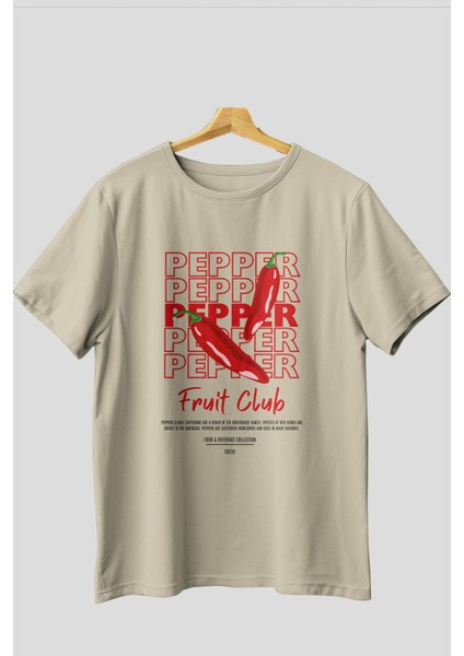Pepper Ön Baskılı Bej Oversize T-Shirt Erkek Kadın Pamuk Bisiklet Yaka Tişort