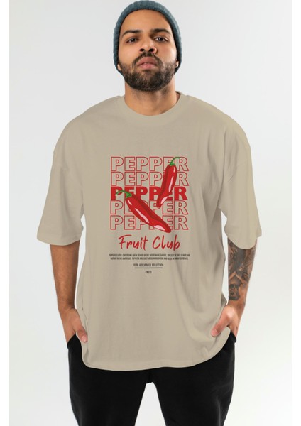 Pepper Ön Baskılı Bej Oversize T-Shirt Erkek Kadın Pamuk Bisiklet Yaka Tişort fiyatları