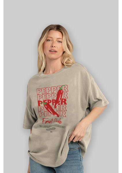Pepper Ön Baskılı Bej Oversize T-Shirt Erkek Kadın Pamuk Bisiklet Yaka Tişort fırsatları