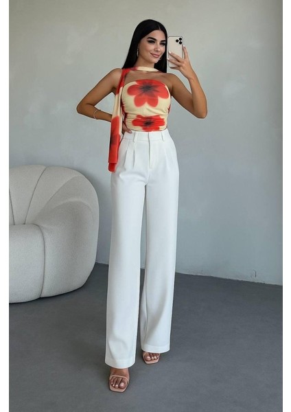 Kadın Yüksek Bel Plise Detay Bol Paça Pantolon