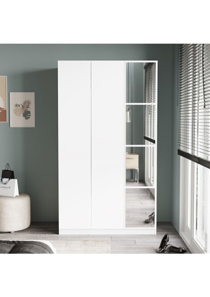 Teeny 3 Kapaklı Çekmeceli Aynalı Gardırop Elbise Dolabı Beyaz Tee1-W