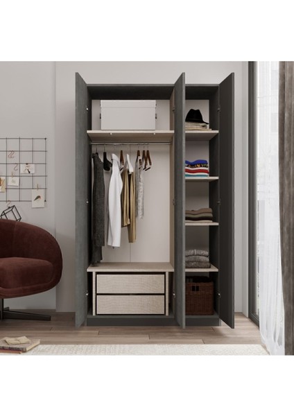 Teeny 3 Kapaklı Çekmeceli Aynalı Gardırop Elbise Dolabı Beton Tee1-Rg fırsatları