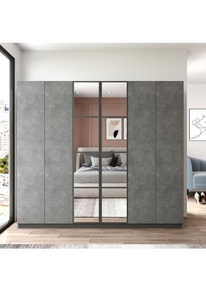 Teeny 6 Kapaklı Çekmeceli Aynalı Gardırop Elbise Dolabı Beton Tee3-Rg