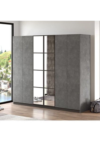 Teeny 6 Kapaklı Çekmeceli Aynalı Gardırop Elbise Dolabı Beton Tee3-Rg fiyatları