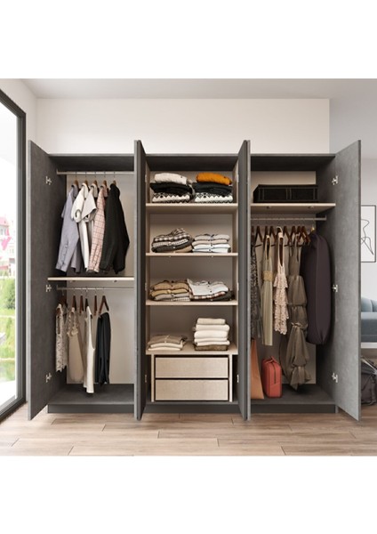 Teeny 6 Kapaklı Çekmeceli Aynalı Gardırop Elbise Dolabı Beton Tee3-Rg fırsatları