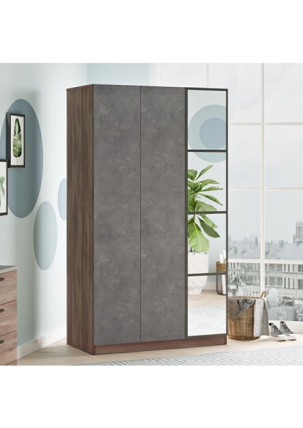 Teeny 3 Kapaklı Çekmeceli Aynalı Gardırop Elbise Dolabı Beton-Kahve Tee1-Cg