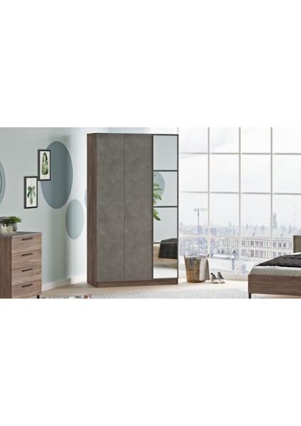 Teeny 3 Kapaklı Çekmeceli Aynalı Gardırop Elbise Dolabı Beton-Kahve Tee1-Cg modelleri