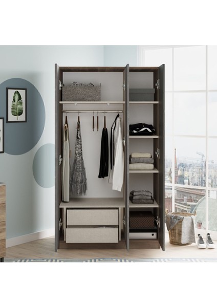 Teeny 3 Kapaklı Çekmeceli Aynalı Gardırop Elbise Dolabı Beton-Kahve Tee1-Cg fırsatları