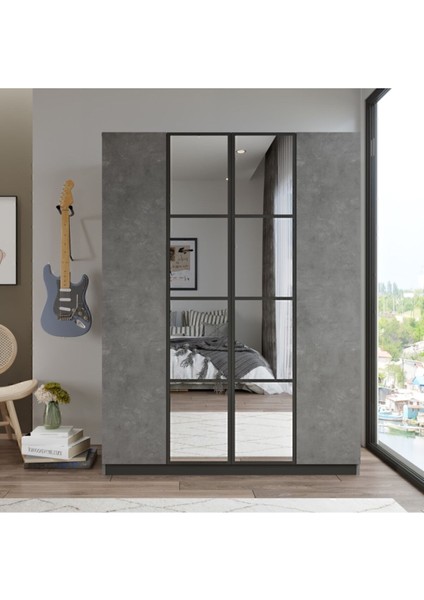 Teeny 4 Kapaklı Çekmeceli Aynalı Gardırop Elbise Dolabı Beton Tee2-Rg