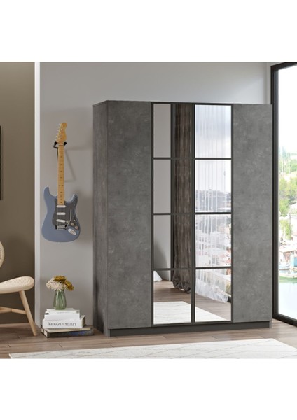 Teeny 4 Kapaklı Çekmeceli Aynalı Gardırop Elbise Dolabı Beton Tee2-Rg fiyatları