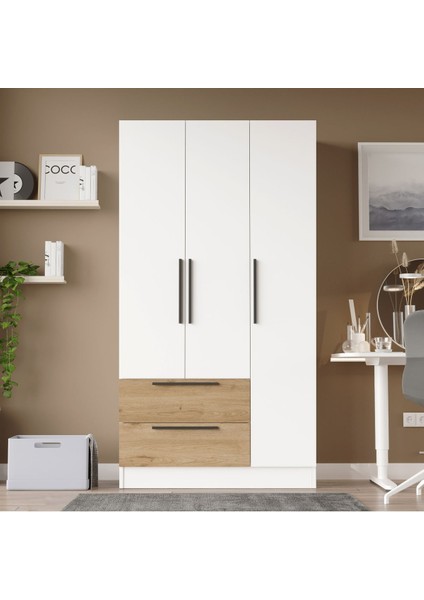 Krish 3 Kapaklı 2 Çekmeceli Gardırop Elbise Dolabı Sepet-Beyaz Krı3-Sw