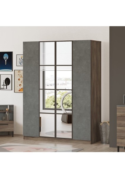 Teeny 4 Kapaklı Çekmeceli Aynalı Gardırop Elbise Dolabı Beton Kahve Tee2-Cg fiyatları