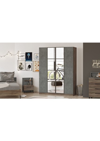 Teeny 4 Kapaklı Çekmeceli Aynalı Gardırop Elbise Dolabı Beton Kahve Tee2-Cg modelleri
