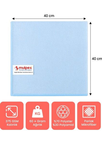 Mikrofiber Temizlik Bezi 20 Adet - 40X40 Cm, 375 Gsm, Parlak Dokulu, 60 gr ±2, Yüksek Emici, Iz Bırakmaz