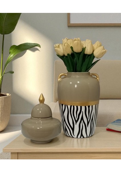 Marisa, Seramik El Boyaması Bej, Zebra Desenli Vazo Şah Küp fiyatları