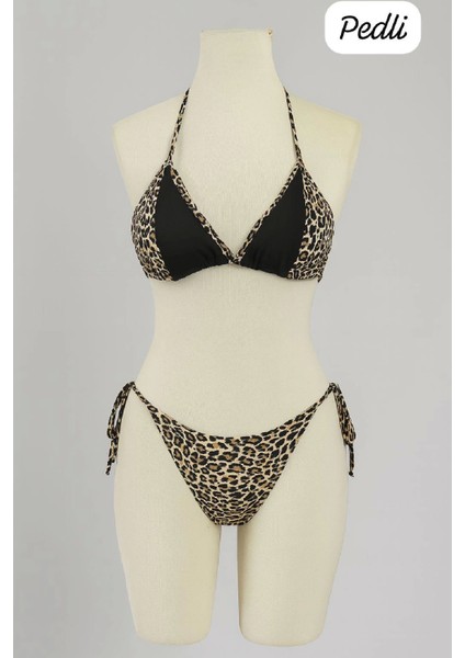 Kadın Siyah ve Leopar Detaylı Yandan Bağlamalı Bikini Takımı