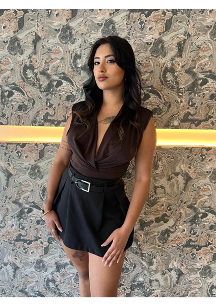 Anvelop Yaka Vatkalı Çıtçıtlı Kadın Bluz Kahverengi modelleri