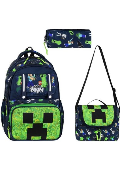 Ilkokul Çantası Minecraft 3'lü Set 42*30 cm Beslenme Çantası Kalem Kutusu Ortopedik Erkek Çocuk