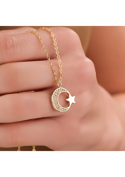 Ay Yıldız Çelik Kolye - Altın Kaplama