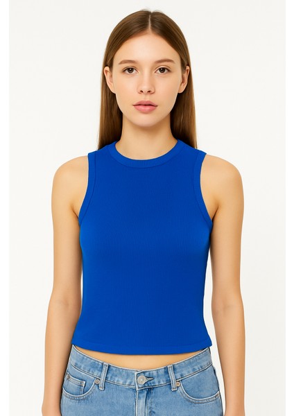 Clemantıs Kadın Kaşkorse Kumaş Askılı Crop Bluz Düz Renk