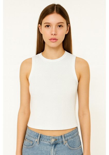 Clemantıs Kadın Kaşkorse Kumaş Askılı Crop Bluz Düz Renk