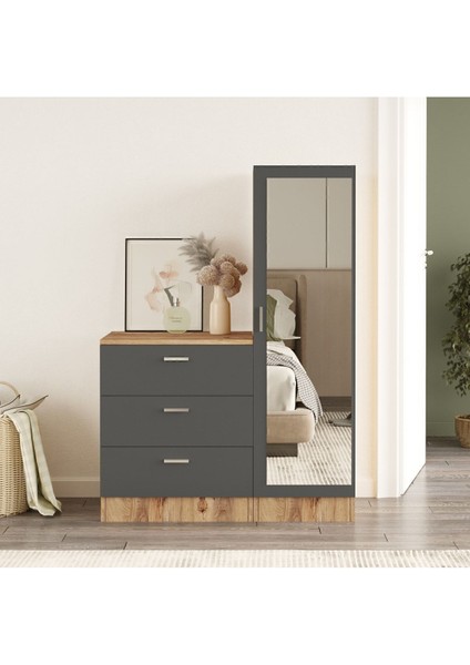 Oswin Aynalı Şifonyer Gardırop Çam-Antrasit Osw6-Aa