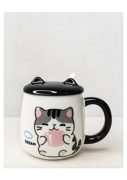 Kedi Figürlü Seramik Kupa-kabartma figürlü cat siyah beyaz kedili