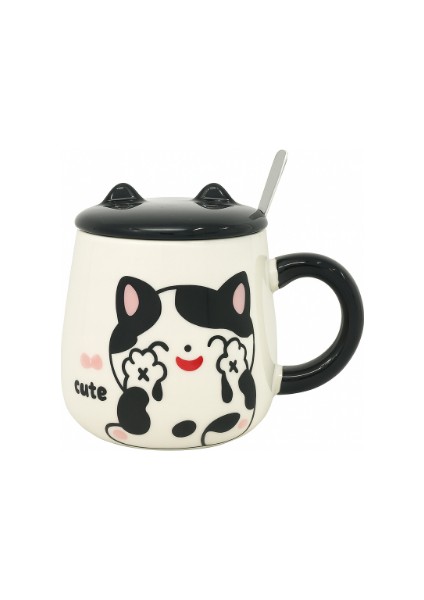 Kedi Figürlü Seramik Kupa-Cute 3boyutlu Kupa-Cat Kulaklı Seramik kapak-Kaşıklı