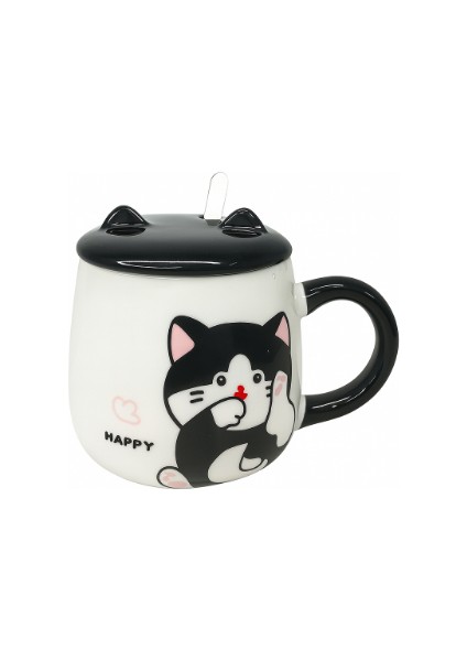 Kedi Figürlü Seramik Kupa-Happy 3boyutlu Kupa-Cat Kulaklı Seramik kapak-Kaşıklı fiyatları
