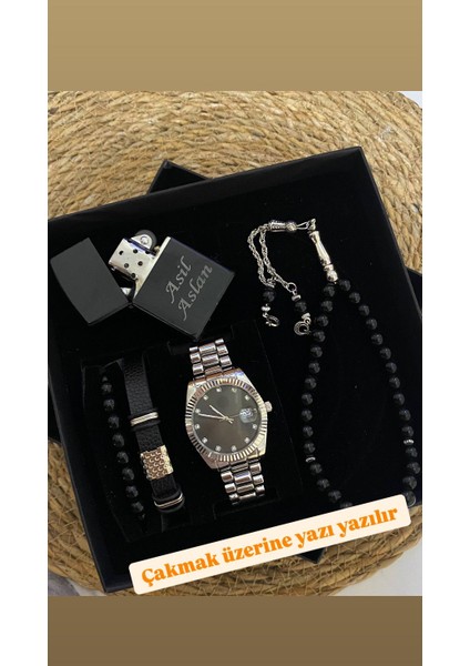 Özel Kutulu Hediyelik Erkek Kombin Saat Çakmak Tesbih Seti - 6045