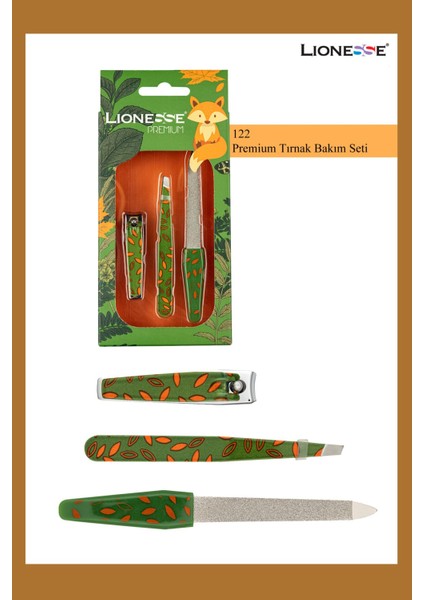 Şık Tilki Desenli 3'lü Manikür Seti – Törpü, Cımbız, Tırnak Makası