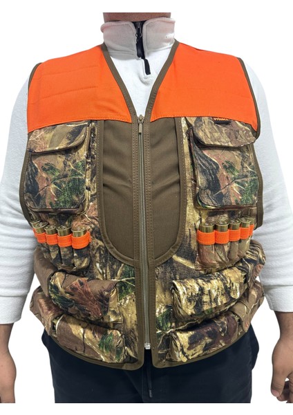 Avcı Yeleği - 50 Fişek Kapasiteli - Meşe Desen - 12 Kalibre - Turuncu Omuzlu
