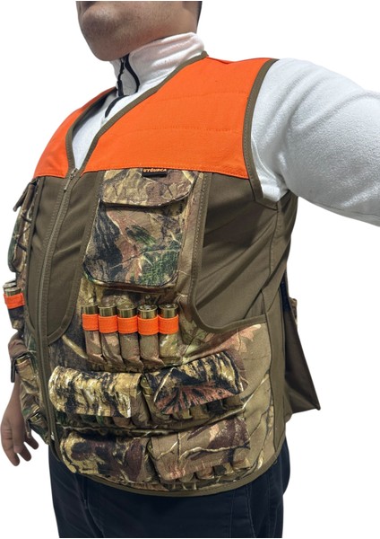 Avcı Yeleği - 50 Fişek Kapasiteli - Meşe Desen - 12 Kalibre - Turuncu Omuzlu modelleri