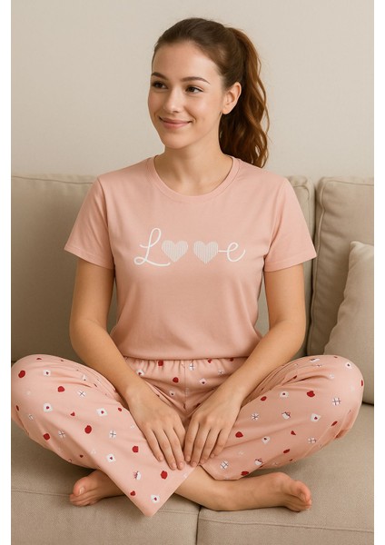 Love Desenli Pudra Peme Kısakollu Pijama Takımı