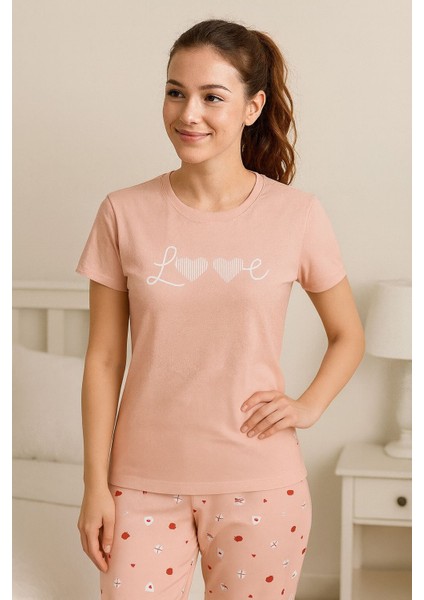 Love Desenli Pudra Peme Kısakollu Pijama Takımı fiyatları