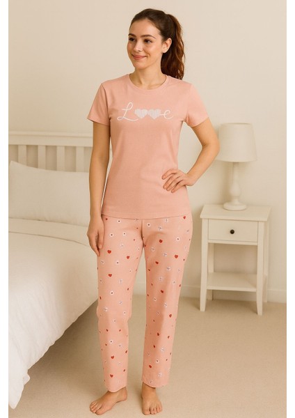 Love Desenli Pudra Peme Kısakollu Pijama Takımı modelleri