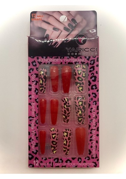 12 Adet Kırmızı ve Leopar Desenli Takma Tırnak