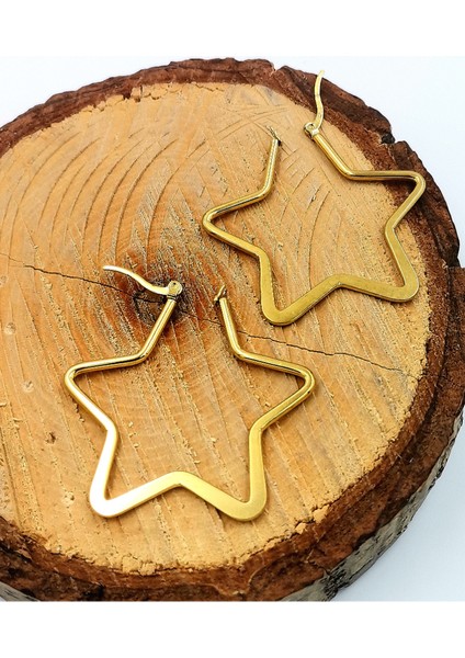 Çelik Gold Renk Yıldız Figürlü Küpe Çap 4 cm