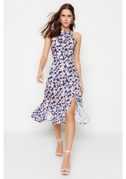 Shopeonly lacivert A Kesim Midi Dokuma Yırtmaçlı Elbise