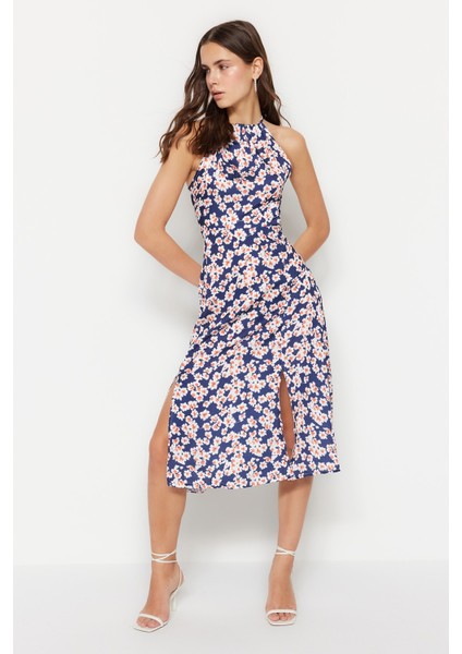 Shopeonly lacivert A Kesim Midi Dokuma Yırtmaçlı Elbise fiyatları