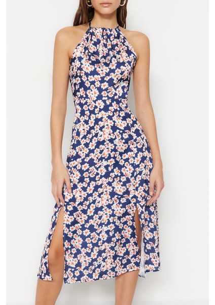 Shopeonly lacivert A Kesim Midi Dokuma Yırtmaçlı Elbise fırsatları