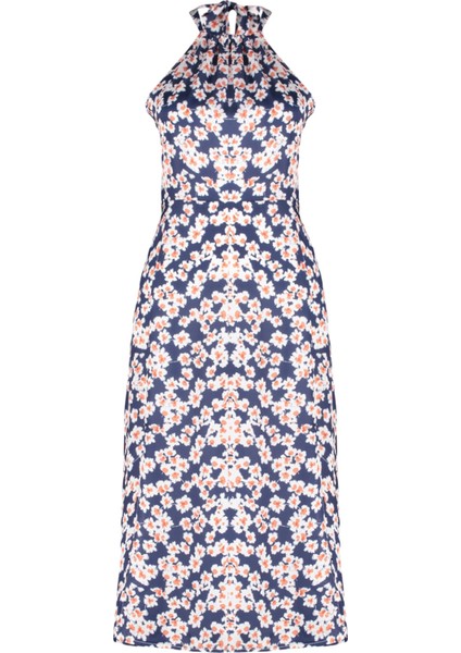 Shopeonly lacivert A Kesim Midi Dokuma Yırtmaçlı Elbise