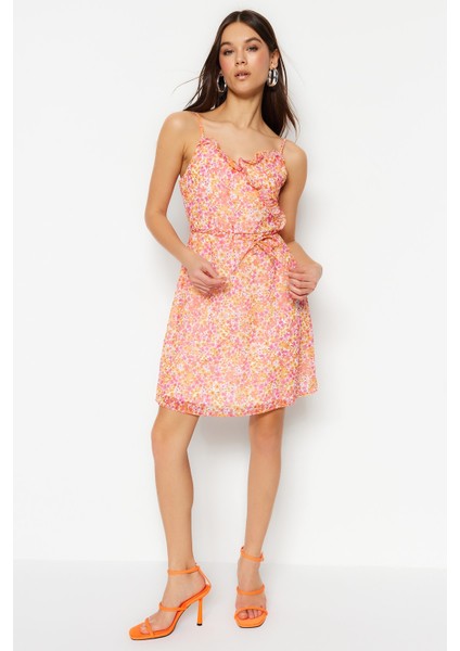 Shopeonly pembe A Kesim Mini Dokuma Astarlı Fırfırlı Çiçekli Elbise